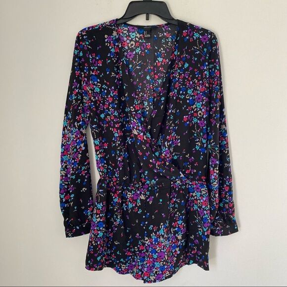 Forever 21 Women’s Long Sleeve Small Floral Black Colorful Romper - Picture 1 of 5